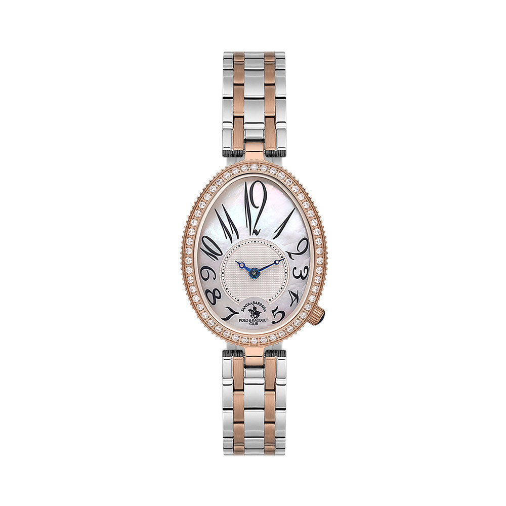ساعة سانتا باربرا بولو آند راكيت النسائية بمينا أبيض لؤلؤي وسوار فضي * روز جولد SB.1.10613-5