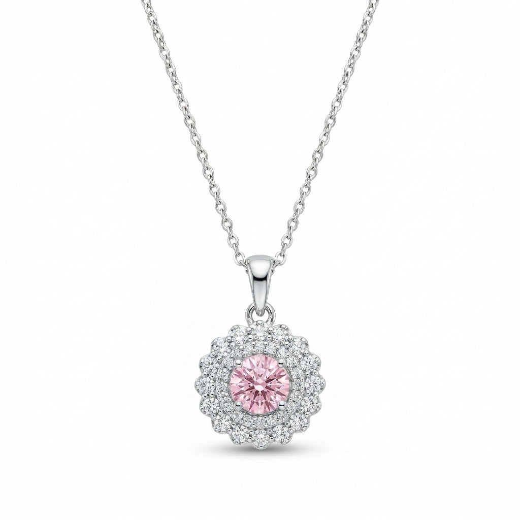 Pink Flower Necklace With Zircon 925 Silver