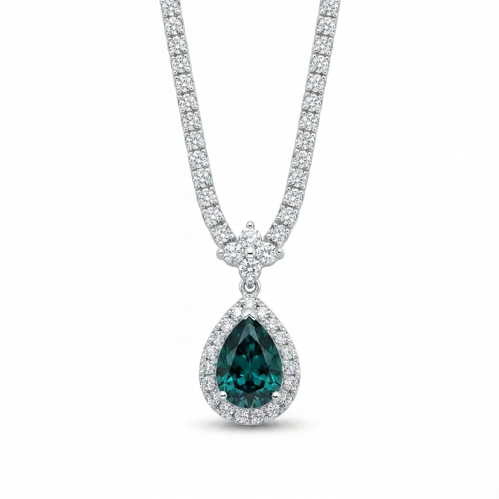 925 Silver Tennis Necklace with Blue Teardrop Pendant