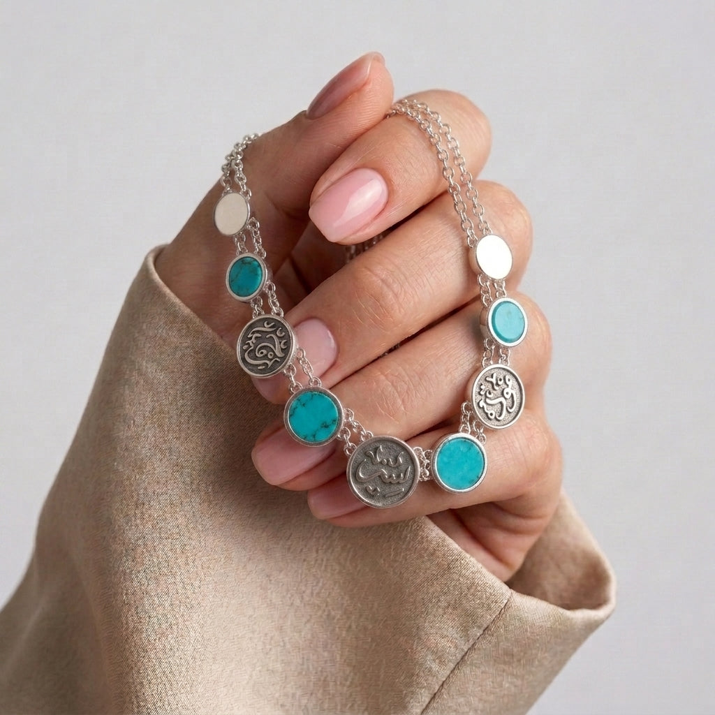 "Mawadda", "Satr" & "Rahma" Necklace with Turquoise Stones - 925 Silver