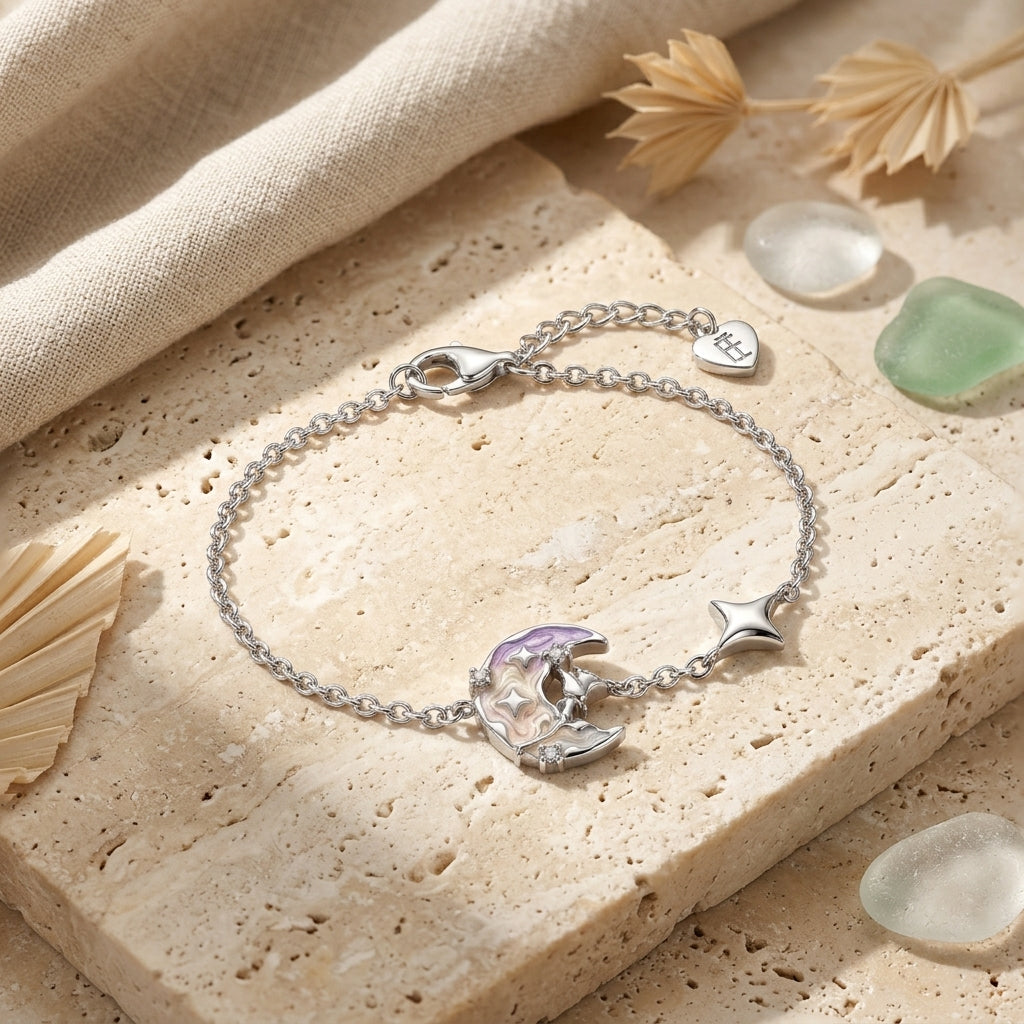 925 Silver Bracelet with a Crescent Moon and Flower Design