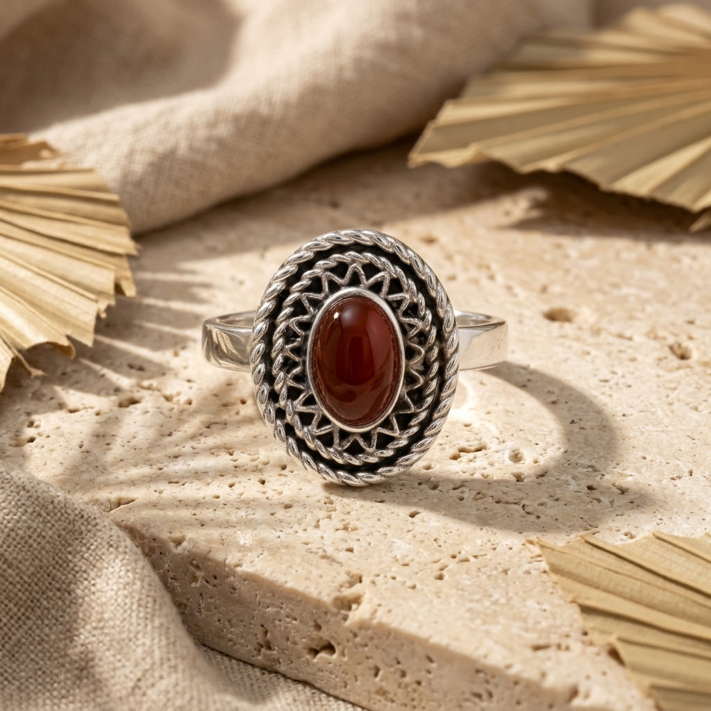 925 Silver Red Agate Ring with a Heritage Design