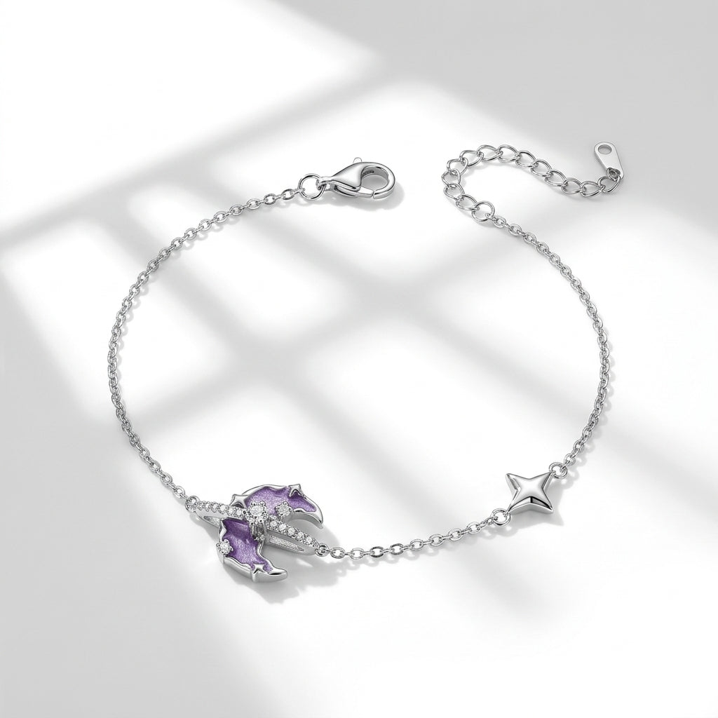 925 Bracelet with a Crescent Inside a Zircon-Studded Circle
