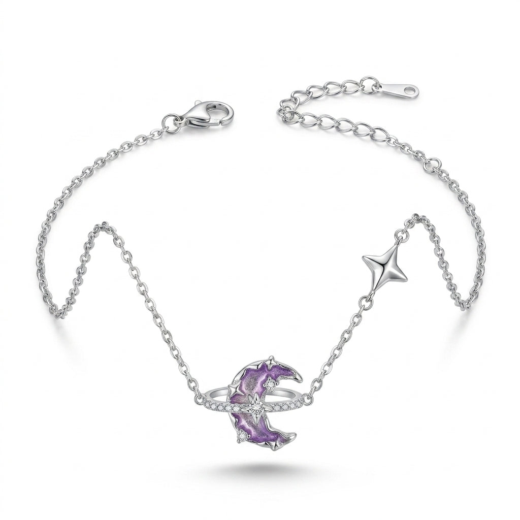 925 Bracelet with a Crescent Inside a Zircon-Studded Circle
