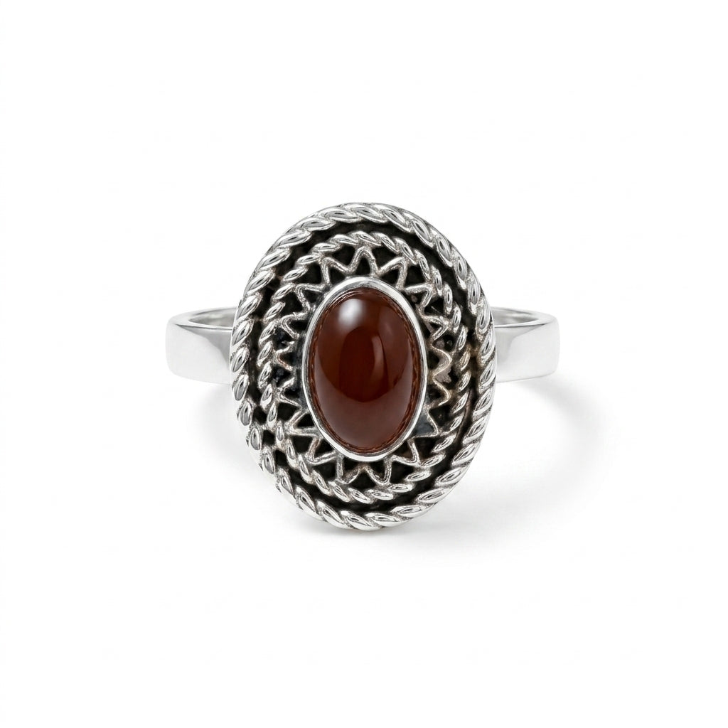 925 Silver Red Agate Ring with a Heritage Design