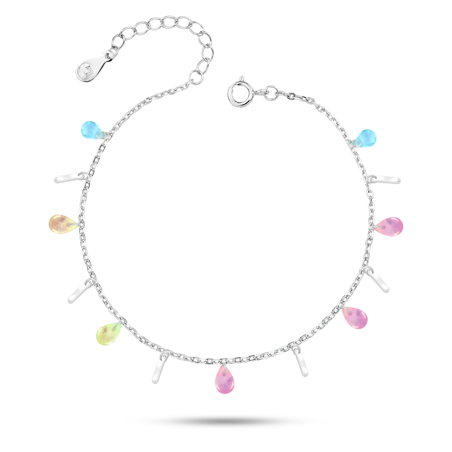 925 Silver Anklet with Colorful Zircon Stones and Elegant Silver Bars