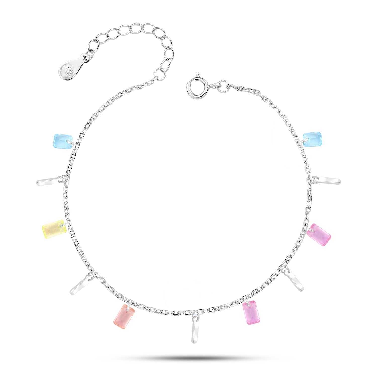 925 Silver Anklet with Rectangular Colorful Zircon Stones