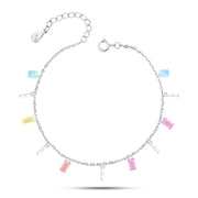 925 Silver Anklet with Rectangular Colorful Zircon Stones