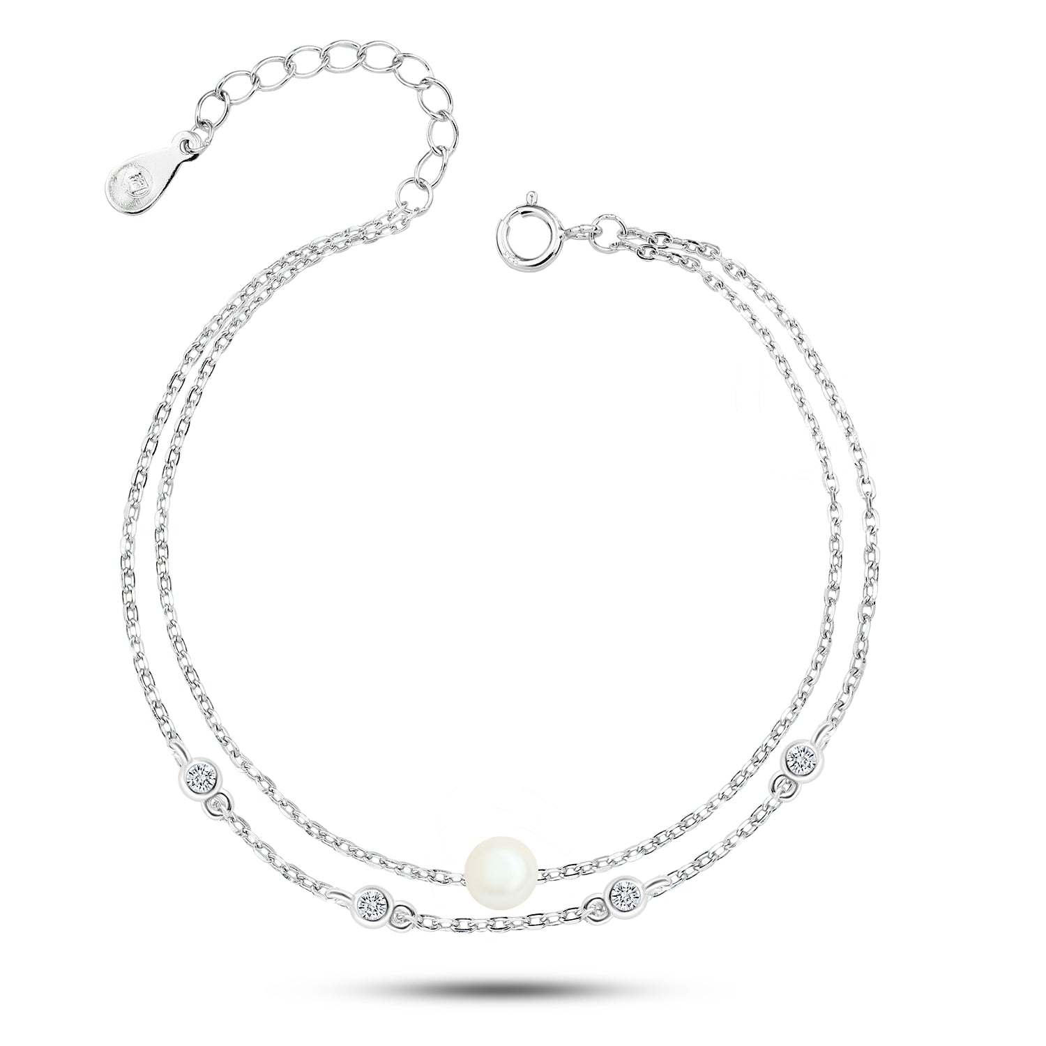 925 Silver Double Anklet with Pearl and Sparkling Zircon Stones