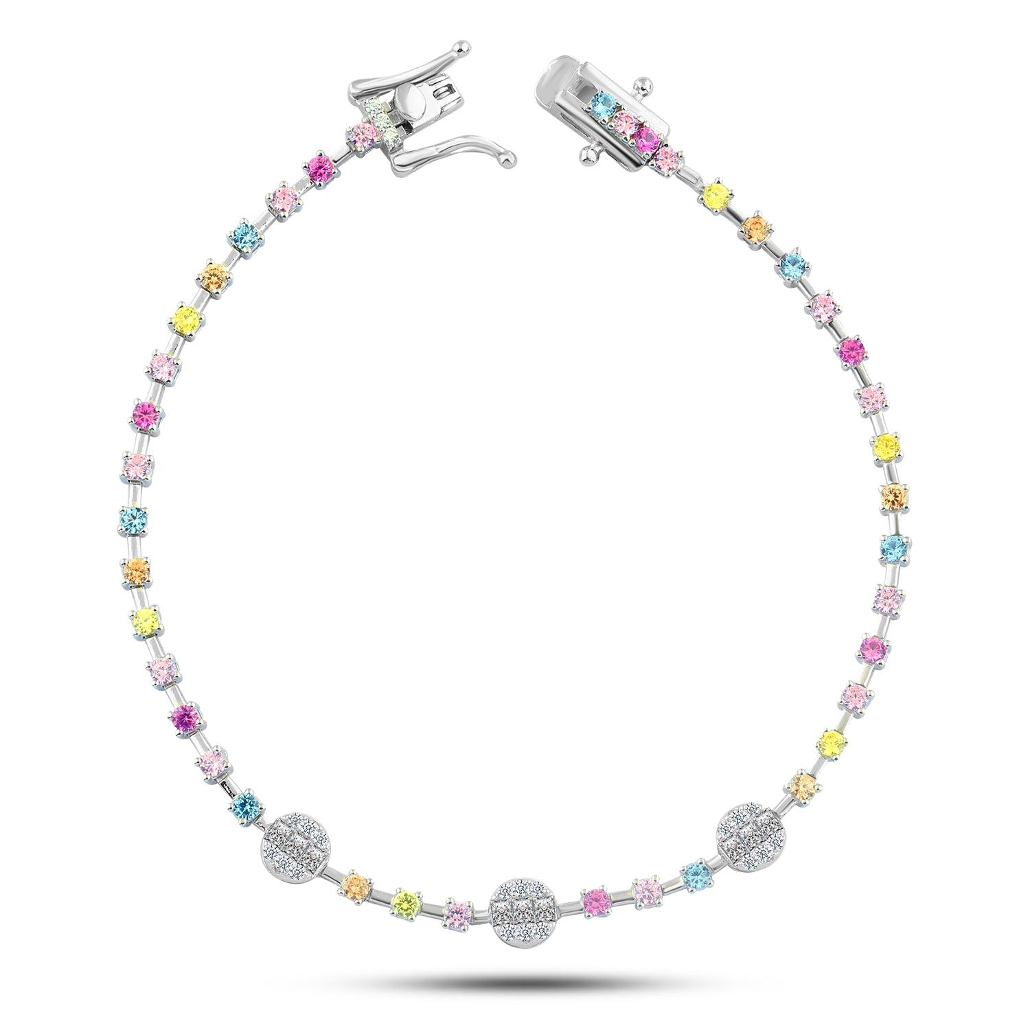 925 Sterling Silver Bracelet with Shiny Beads and Multi-Colored Zircon Stones