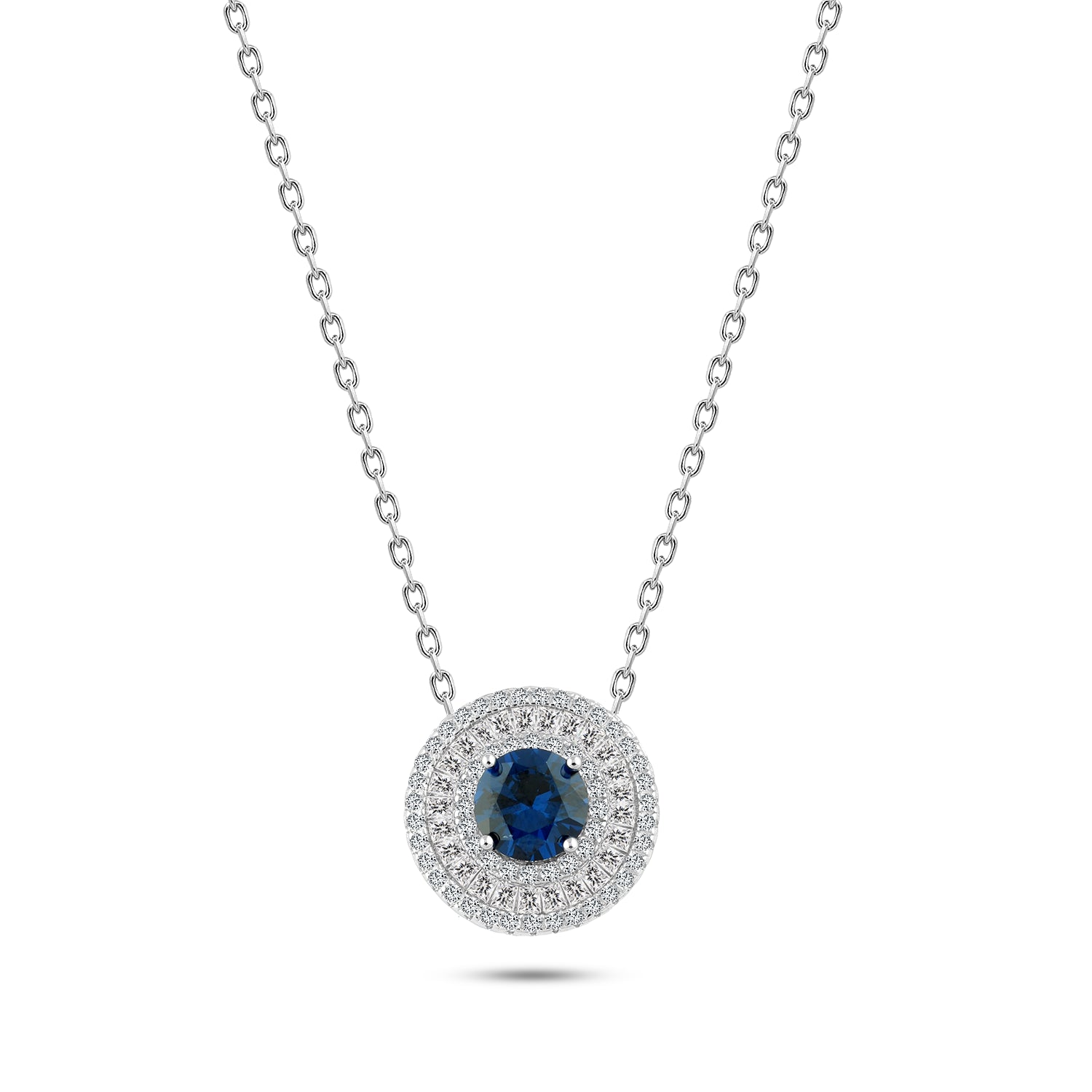 925 Silver Necklace with Blue Zircon Stone and Clear Stone Frame