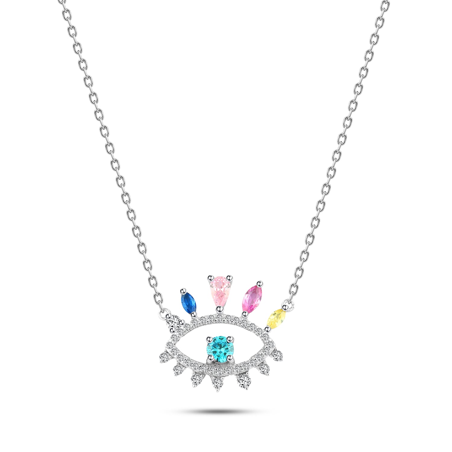 925 Sterling Silver Eye Necklace with Sparkling Colored Stones Zircon 