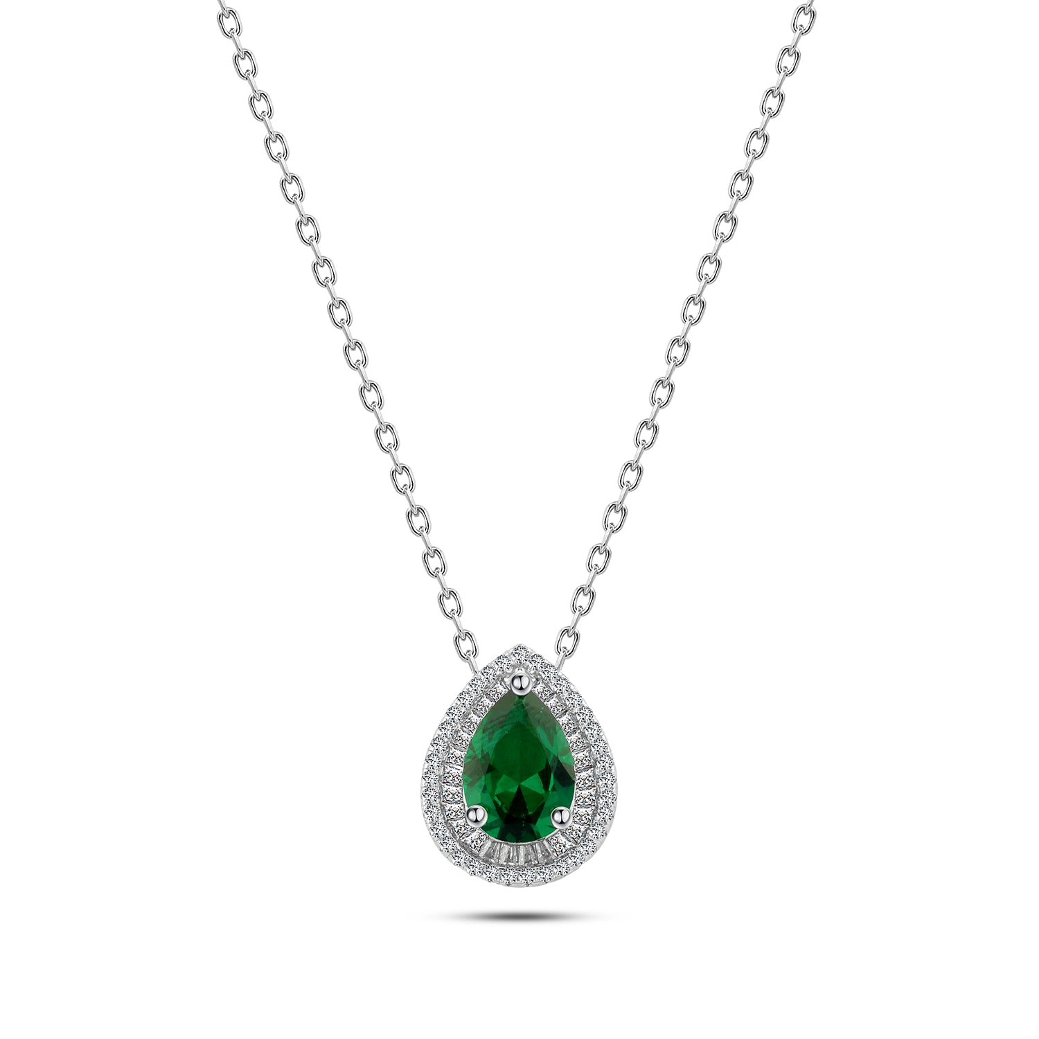 925 Silver Necklace with Green Teardrop Stone and Zircon Frame
