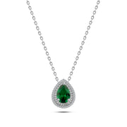 925 Silver Necklace with Green Teardrop Stone and Zircon Frame