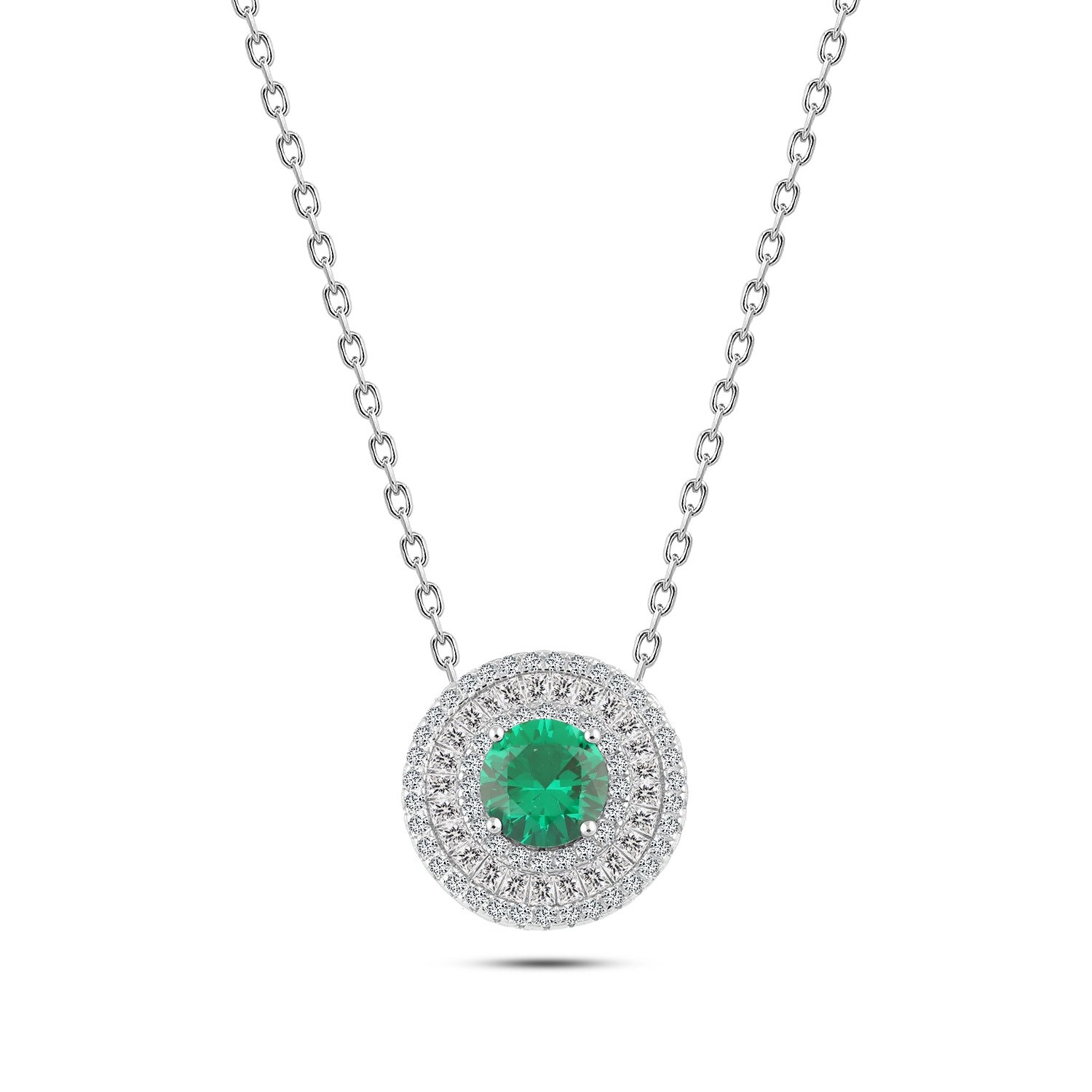Elegant 925 silver necklace with a green stone at the center, surrounded by a sparkling zircon frame.