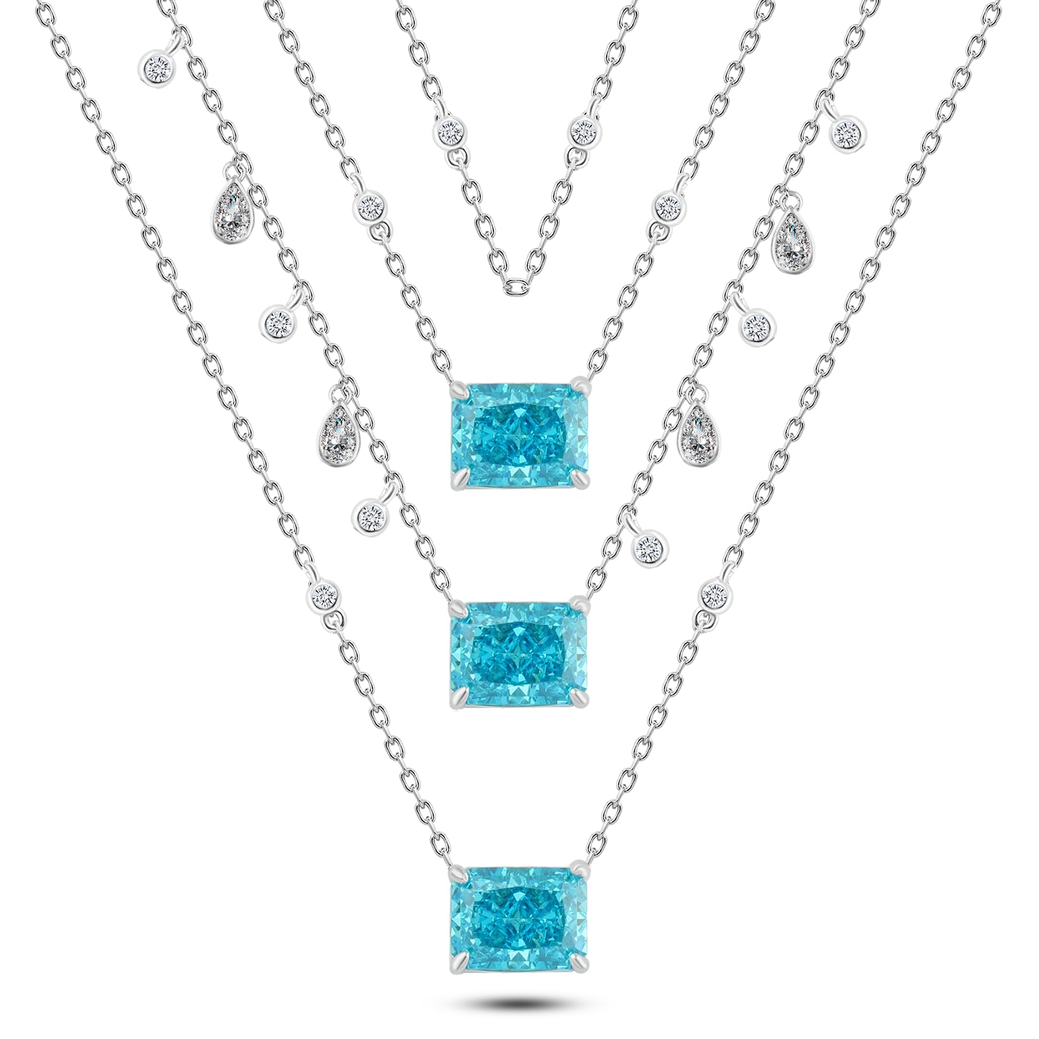 925 Sterling Silver Three-Layer Necklace with Sparkling Blue Stones and Dangling Zircon Accents