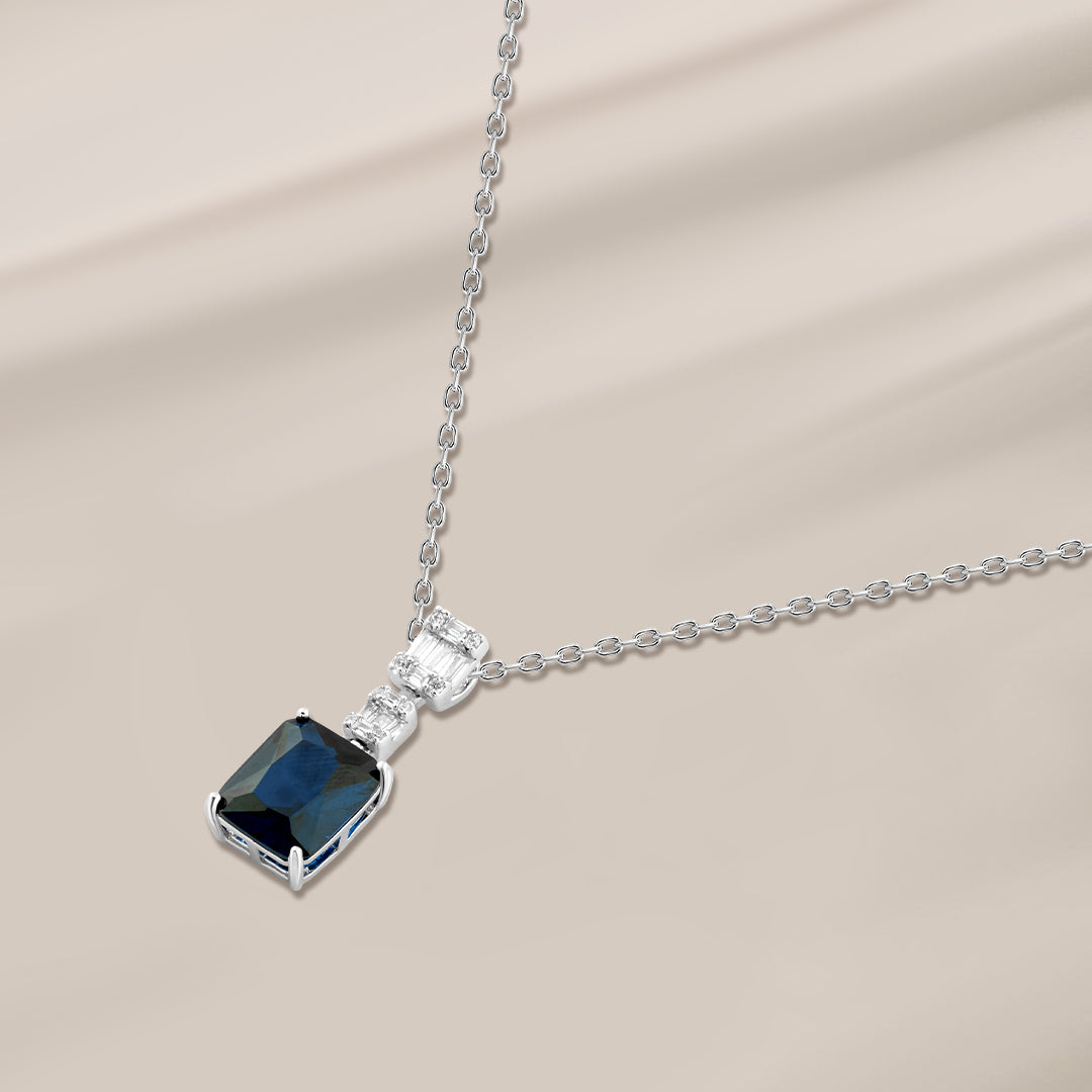 Royal Blue Rectangular Stone Necklace – 925 Silver