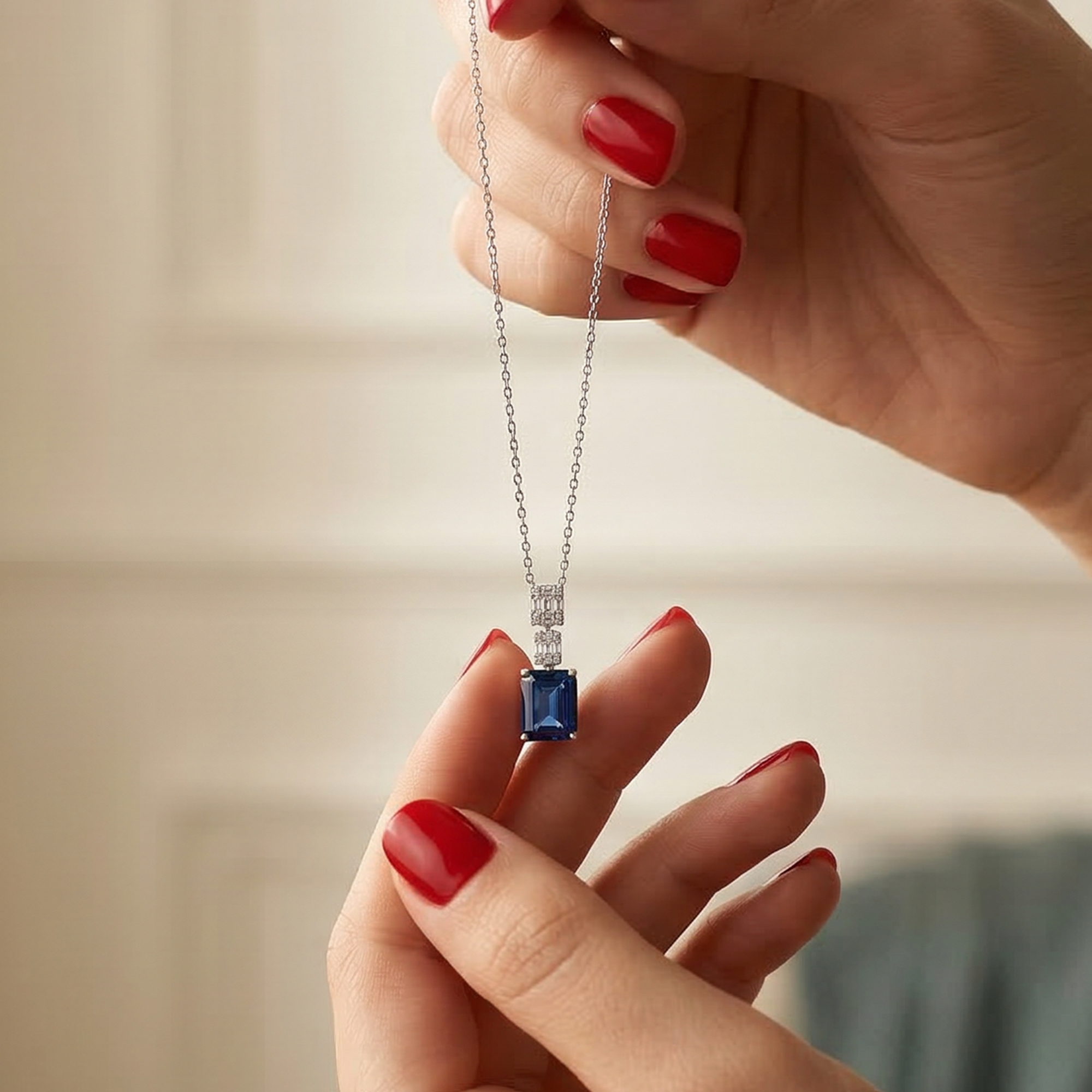 Royal Blue Rectangular Stone Necklace – 925 Silver