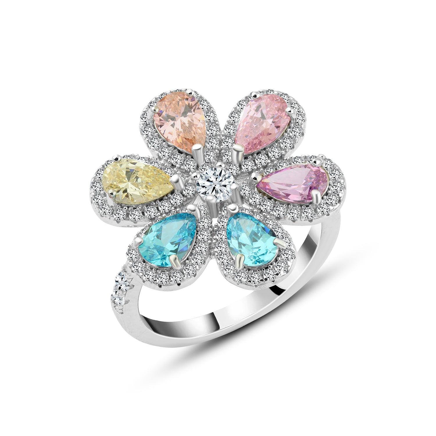 925 Silver Floral Ring with Multi-Colored Pear-Cut Zircon and Platinum Finish
