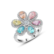 925 Silver Floral Ring with Multi-Colored Pear-Cut Zircon and Platinum Finish
