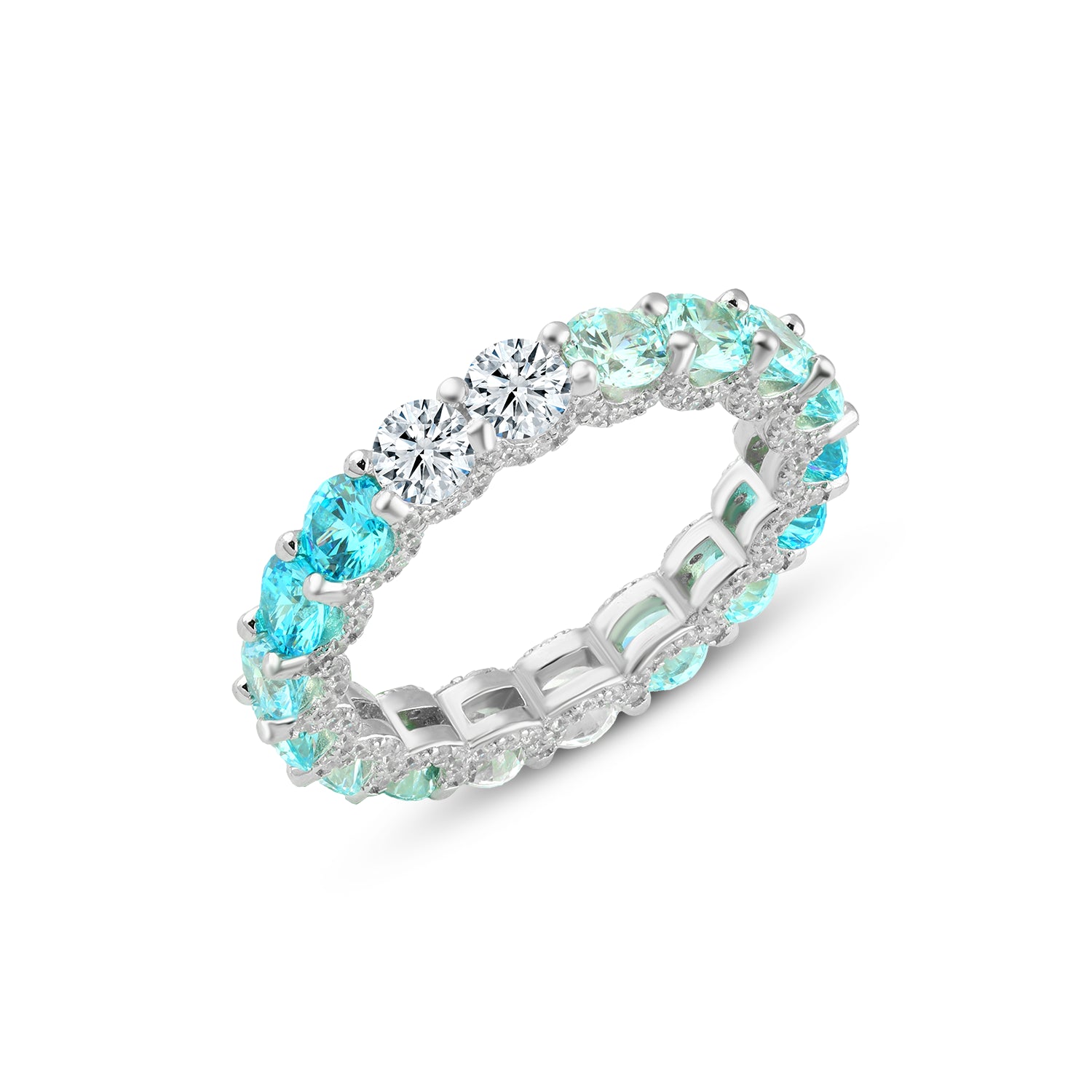 925 Silver Gradient Zircon Ring with White and Blue Stones in a Full Eternity Design


