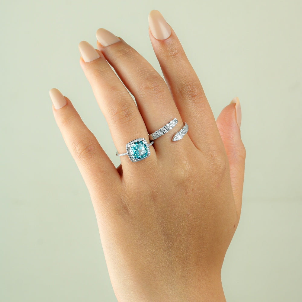 925 Silver Ring with Light Blue Square Zircon and White Halo in a Luxury Design

