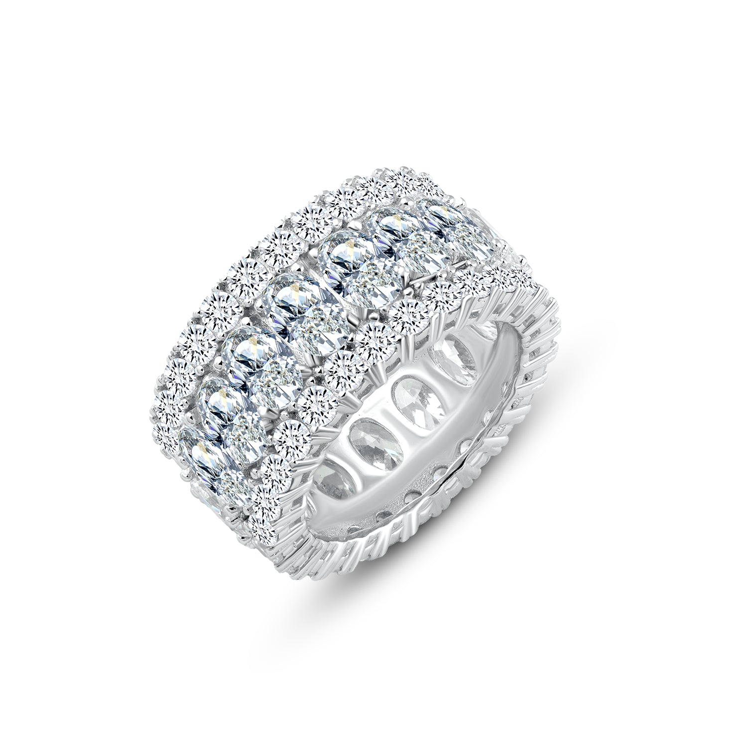 خاتم فضة عيار 925 بتصميم عريض مرصع بفصوص زركون متعددة الصفوف