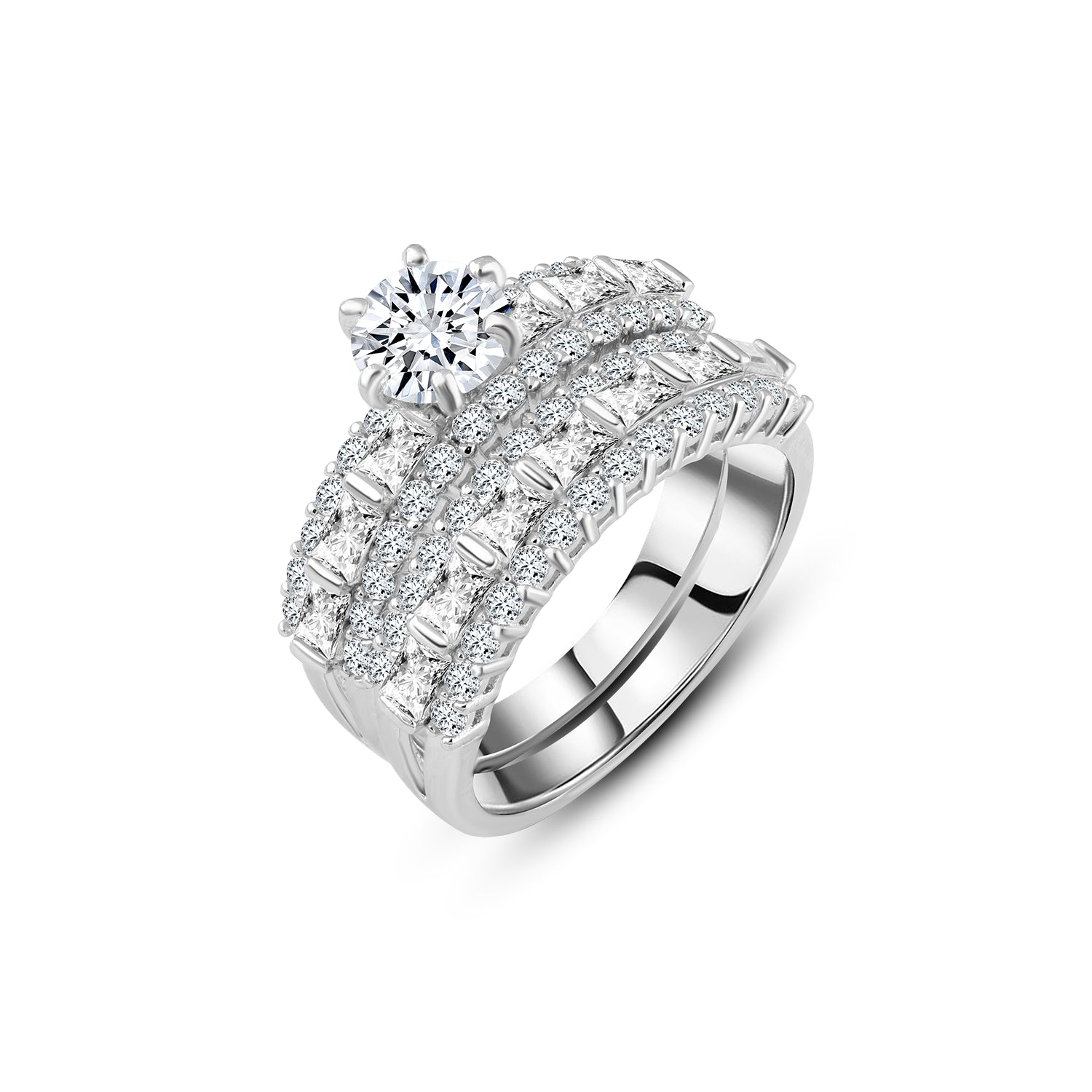 925 Silver Triple-Layer Ring with Elevated Round Stone and Mixed-Cut Zircon Accents
