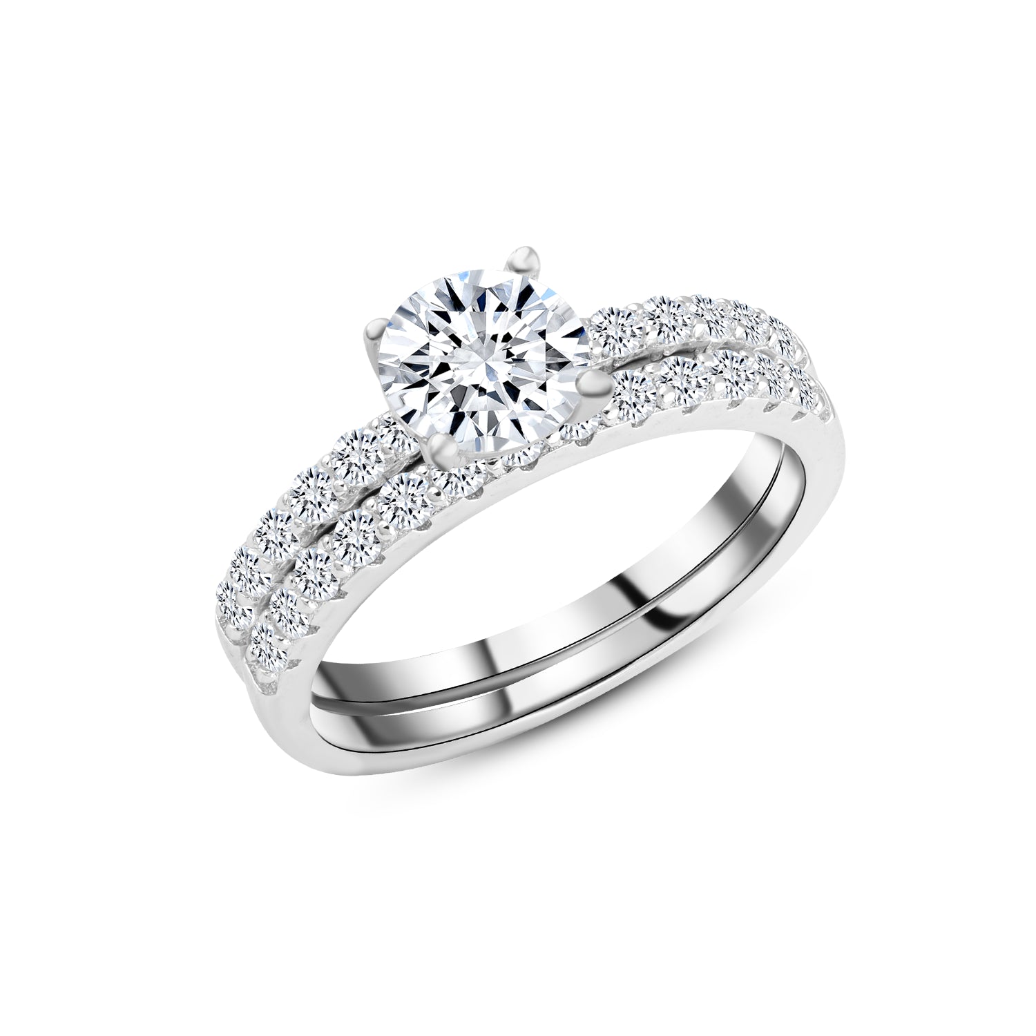 925 Sterling Silver Ring with Round-Cut Center Stone and Double Zircon Rows

