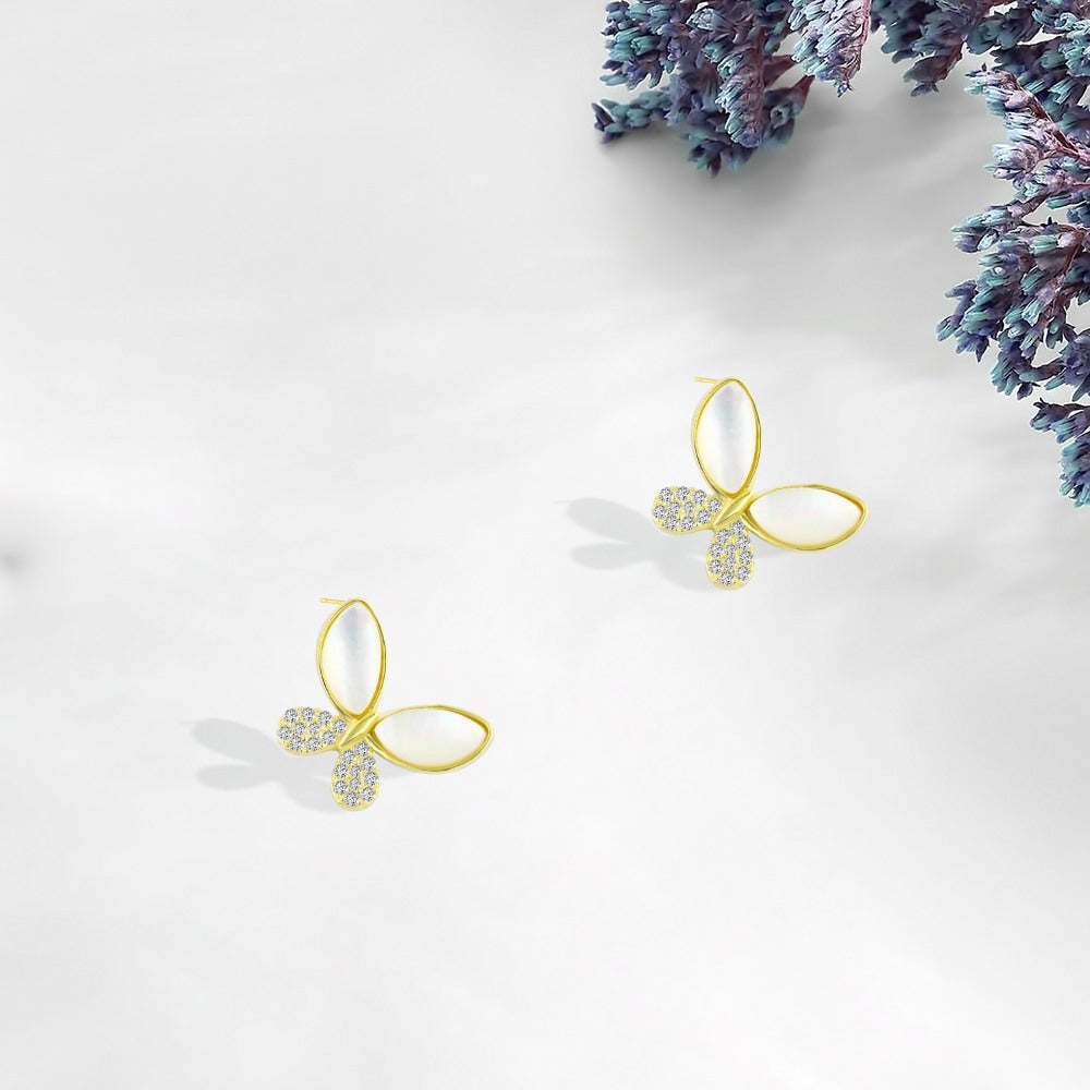 925 sterling silver butterfly earring studded with zircon stones and white mother-of-pearl