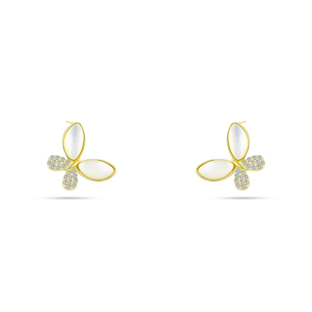925 sterling silver butterfly earring studded with zircon stones and white mother-of-pearl