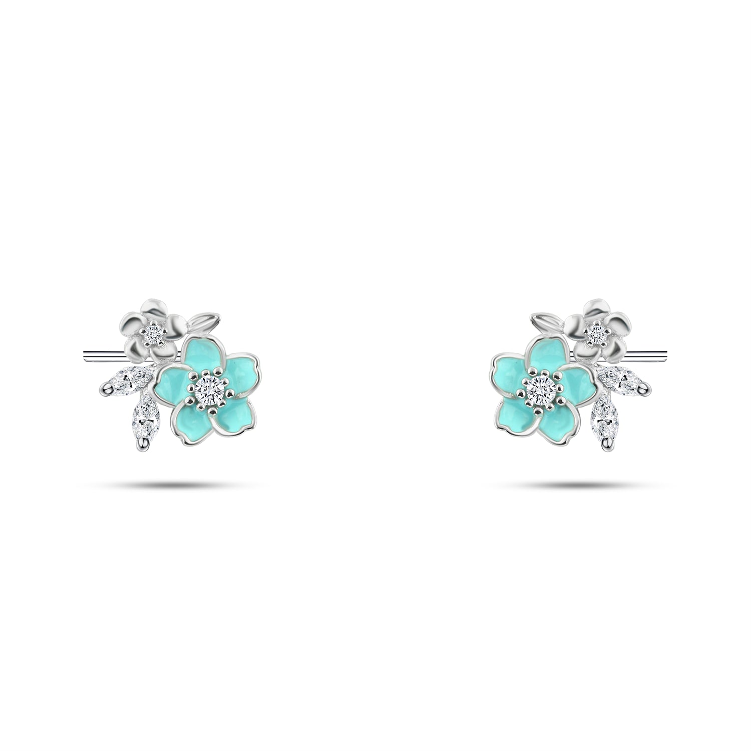 Silver earrings with a turquoise flower design encrusted with stones – 925 silver