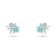 Silver earrings with a turquoise flower design encrusted with stones – 925 silver