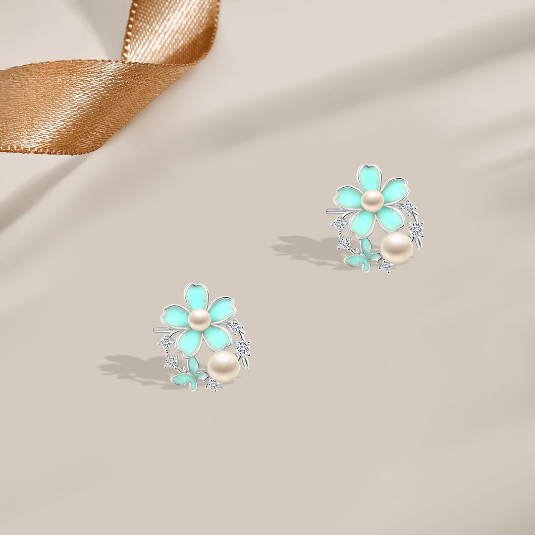 Silver earrings with a turquoise flower design and pearl – 925 silver
