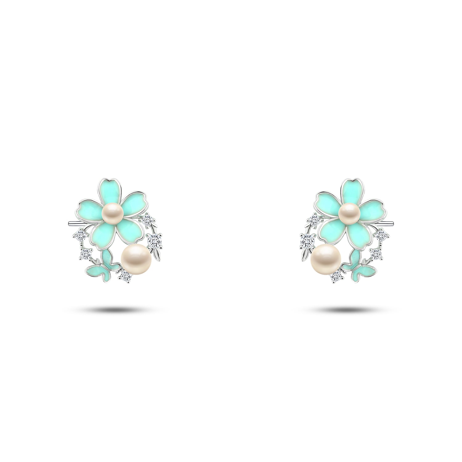 Silver earrings with a turquoise flower design and pearl – 925 silver