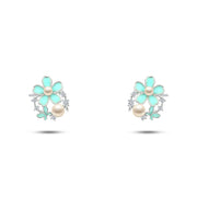 Silver earrings with a turquoise flower design and pearl – 925 silver