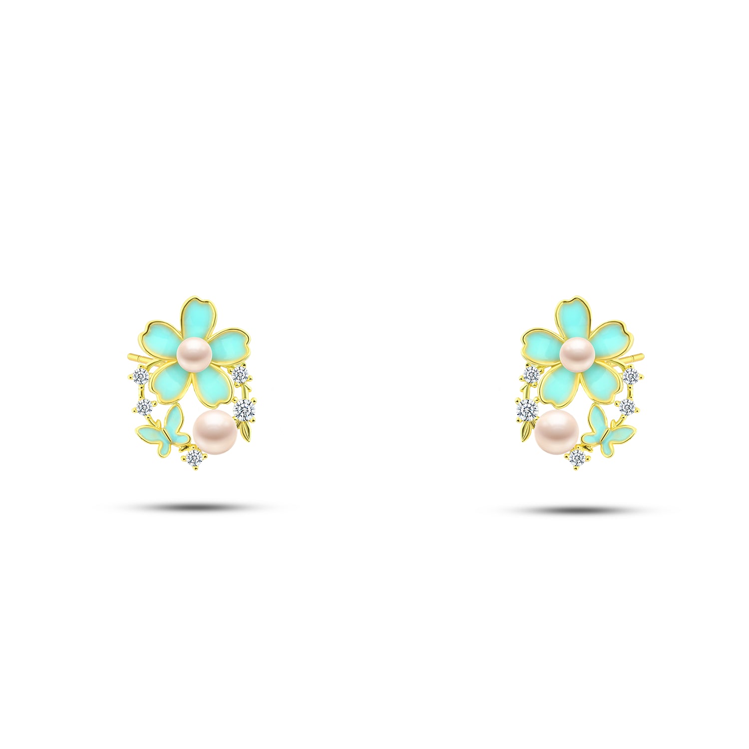 حلق فضة رقيق بتصميم زهرة وفراشة ولؤلؤ – عيار 925