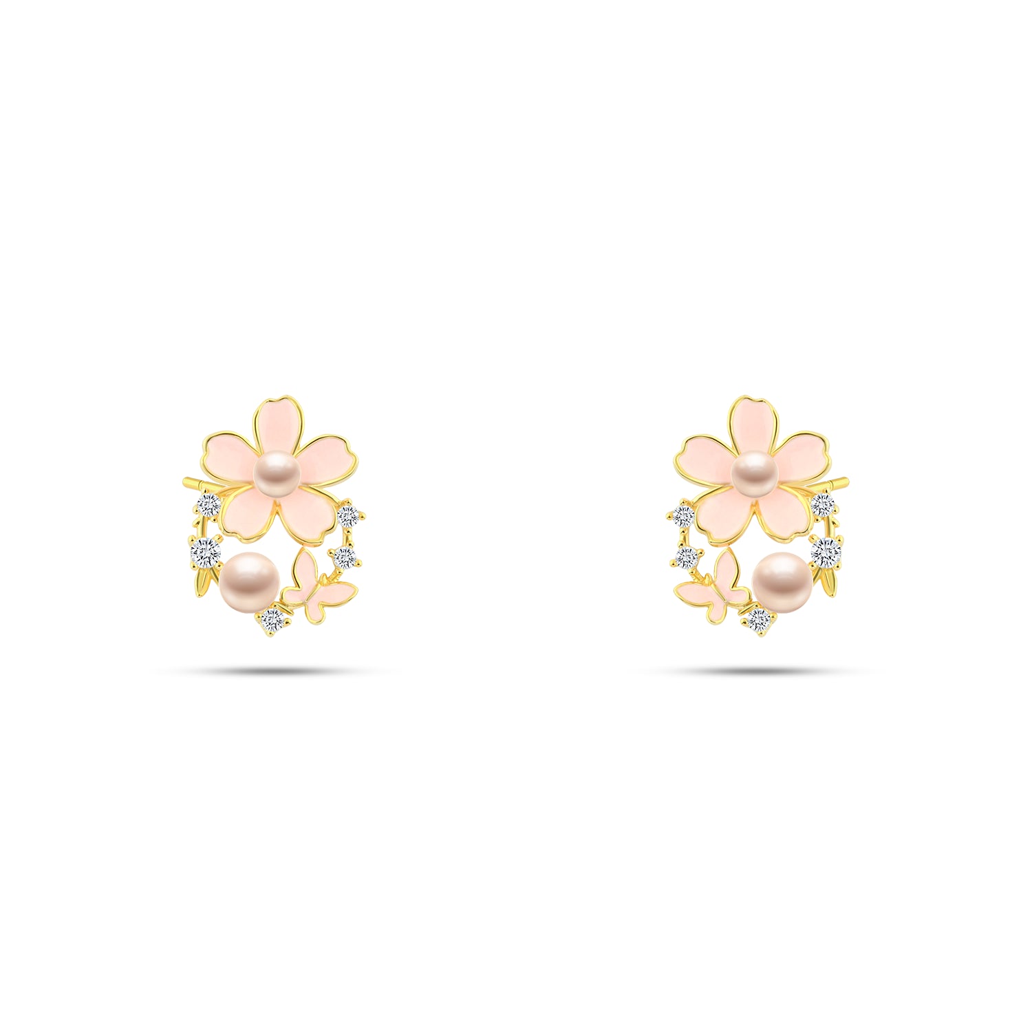 حلق فضة رقيق بتصميم زهرة وردية وفراشة ولؤلؤ  عيار 925 - مطلي الذهب