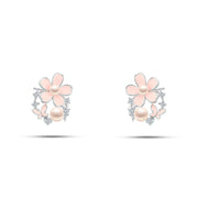 حلق فضة رقيق بتصميم زهرة وردية وفراشة ولؤلؤ  عيار 925