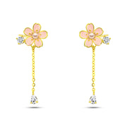 حلق فضة أنيق مطلي ذهب بتصميم زهري وسلسلة رقيقة – عيار 925