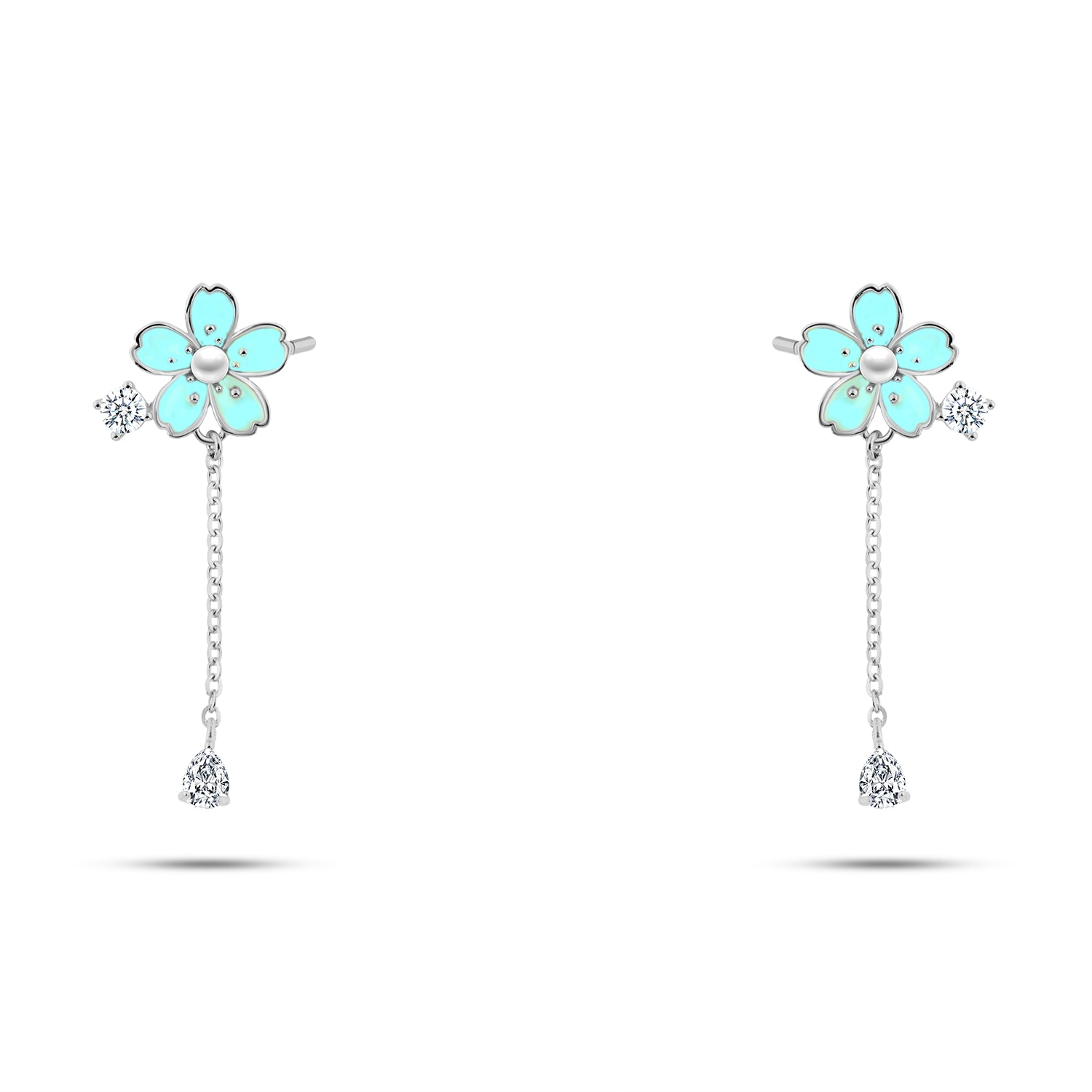 حلق فضة أنيق بتصميم زهرة ملونة وسلسلة متدلية – عيار 925