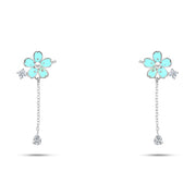 حلق فضة أنيق بتصميم زهرة ملونة وسلسلة متدلية – عيار 925