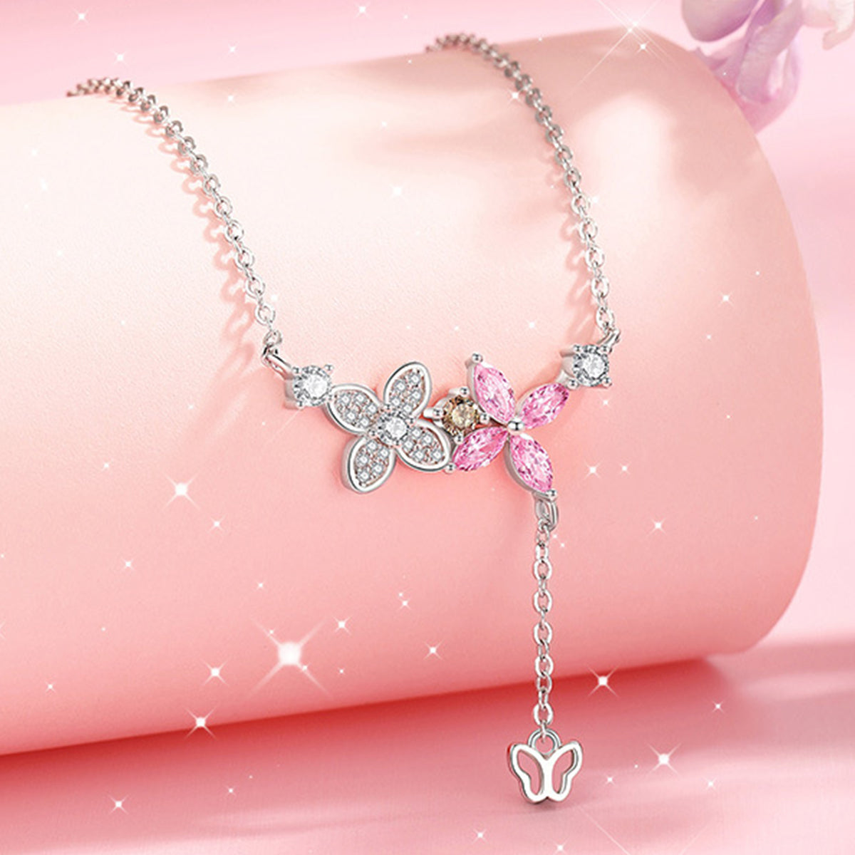 VAD032 - 925 Sterling Silver Necklace Adorned with Zircon Stones in the Shape of Flowers and Butterflies