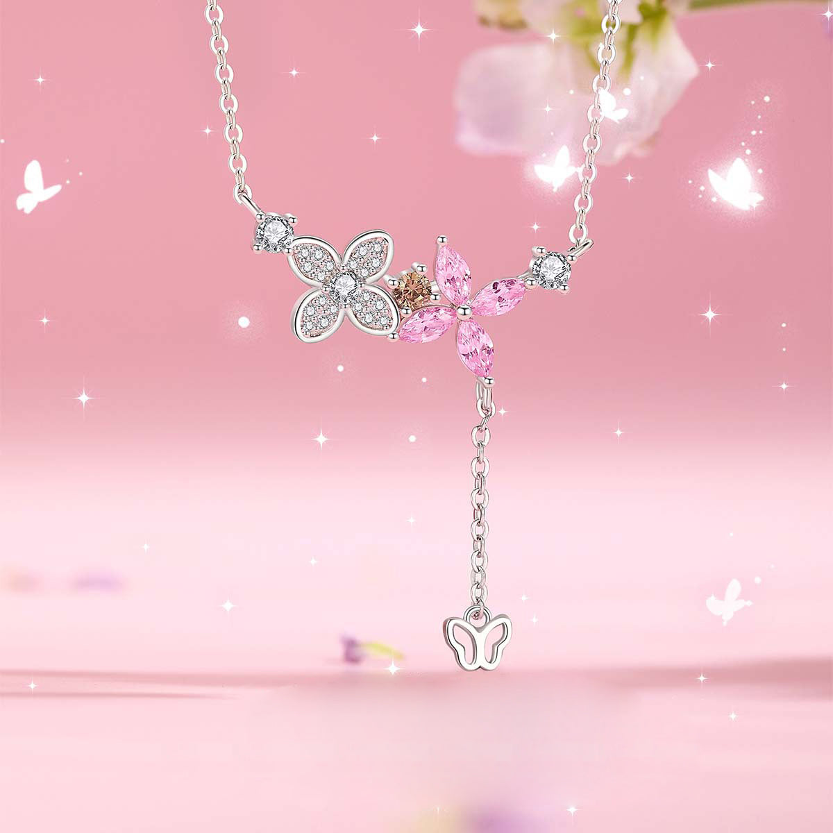 VAD032 - 925 Sterling Silver Necklace Adorned with Zircon Stones in the Shape of Flowers and Butterflies