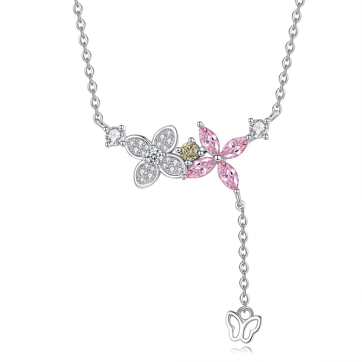 VAD032 - 925 Sterling Silver Necklace Adorned with Zircon Stones in the Shape of Flowers and Butterflies