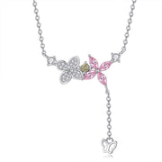 VAD032 - 925 Sterling Silver Necklace Adorned with Zircon Stones in the Shape of Flowers and Butterflies