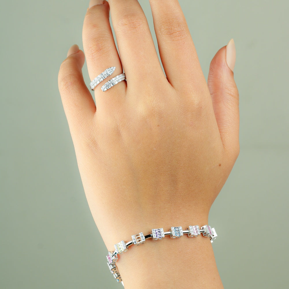 Sterling Silver 925 Bracelet Adorned with Colorful Zircon Stones