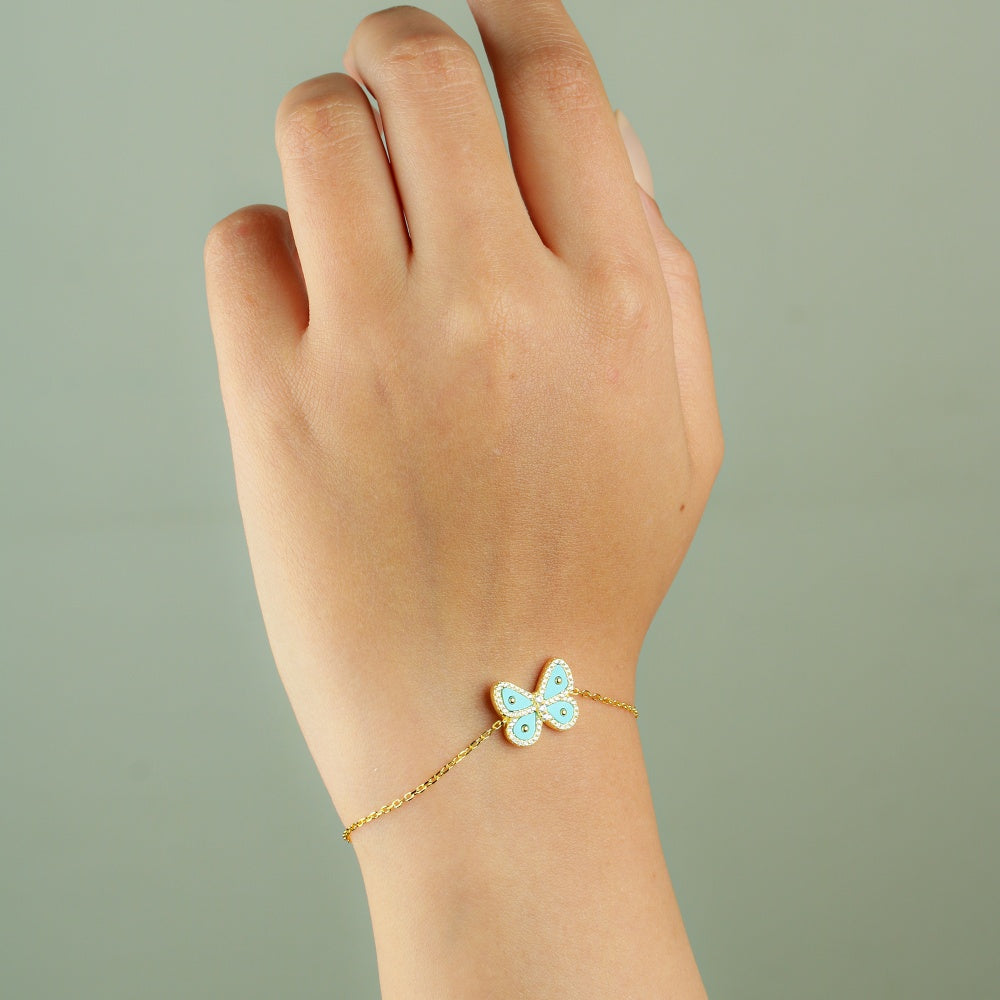 Elegant Gold Touched Bracelet with Turquoise Butterfly Italian 925 Silver