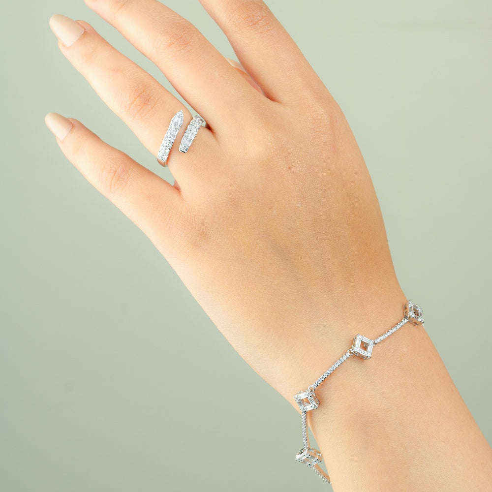 انسيال مربعات هندسية فضة إيطالي عيار 925 بفصوص زركون لامعة