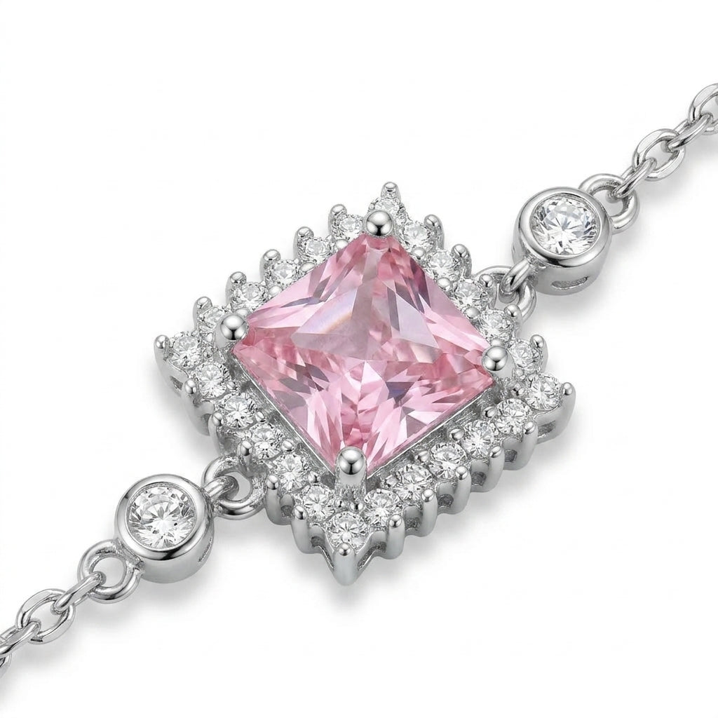 925 Silver Square Bracelet With A Pink Stone Surrounded By Sparkling Stones.